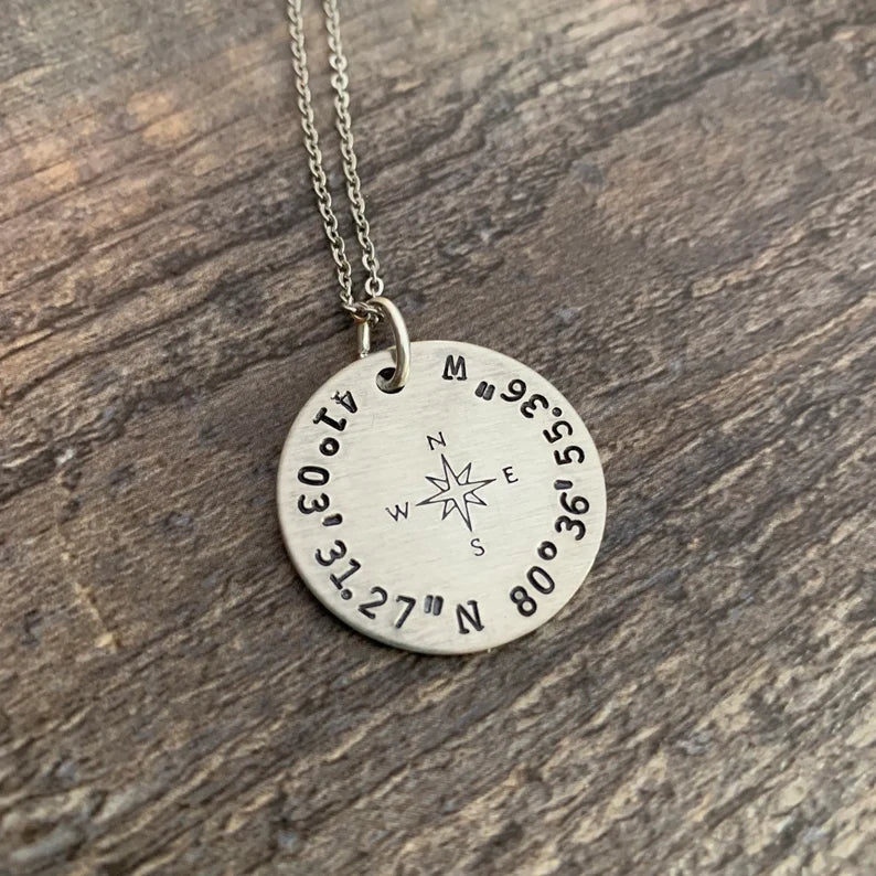 Custom Latitude Longitude Necklace With Compass Rose- Hand Stamped